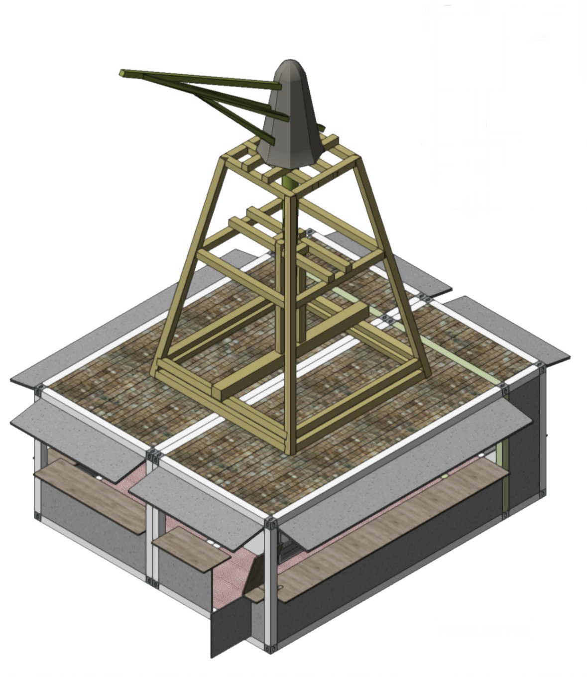 3D-Konstruktionsansicht des nachgebildeten Dombaukrans auf dem Standdach