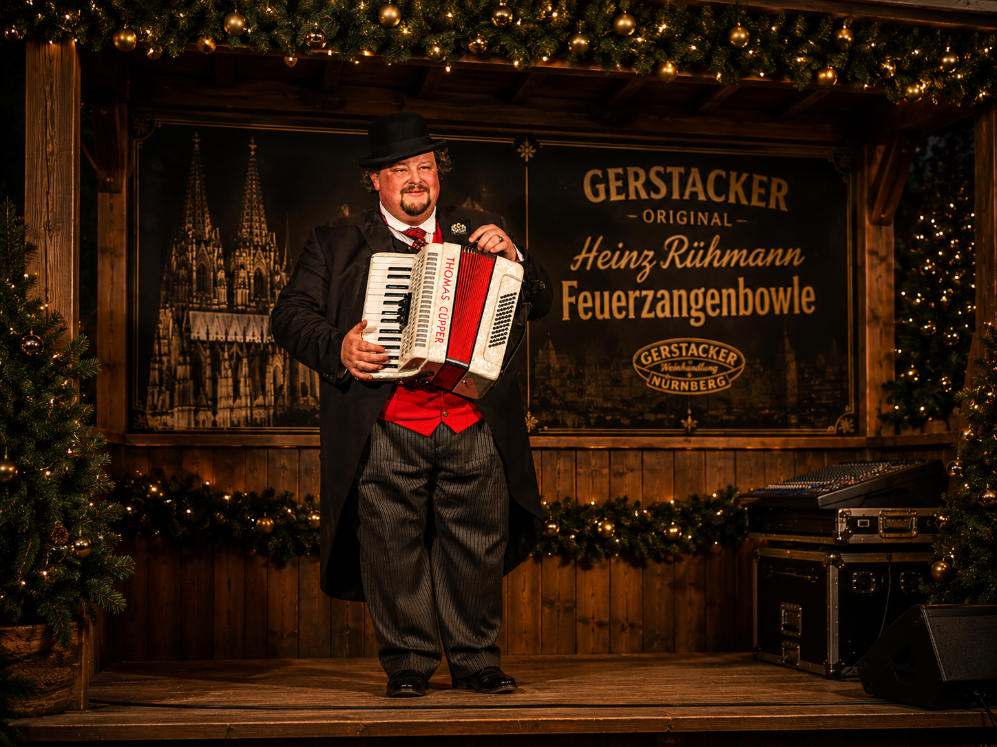 Et Klimpermännche mit Akkordeon auf der Weihnachtsmarktbühne